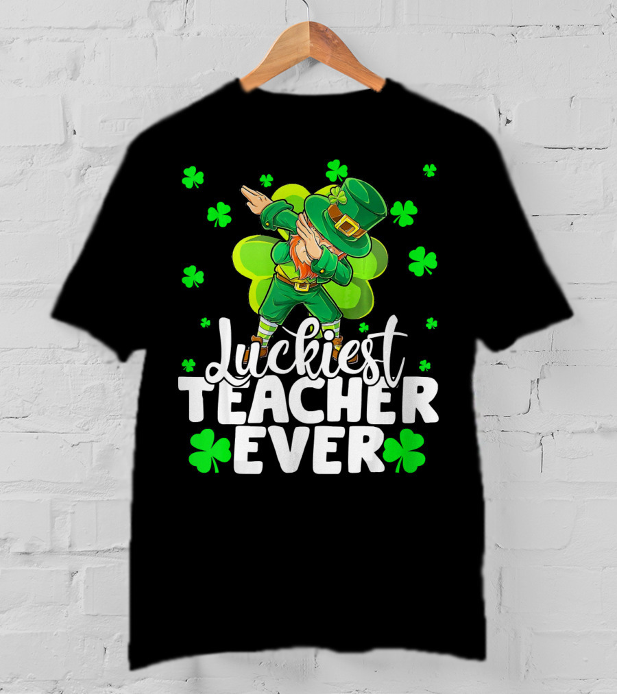 Luckiest Teacher Ever Leprechaun Dabbing With Shamrocks T-Shirt