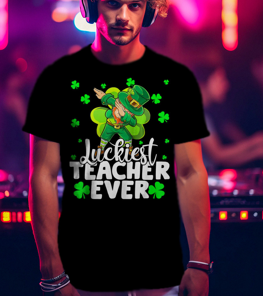 Luckiest Teacher Ever Leprechaun Dabbing With Shamrocks T-Shirt