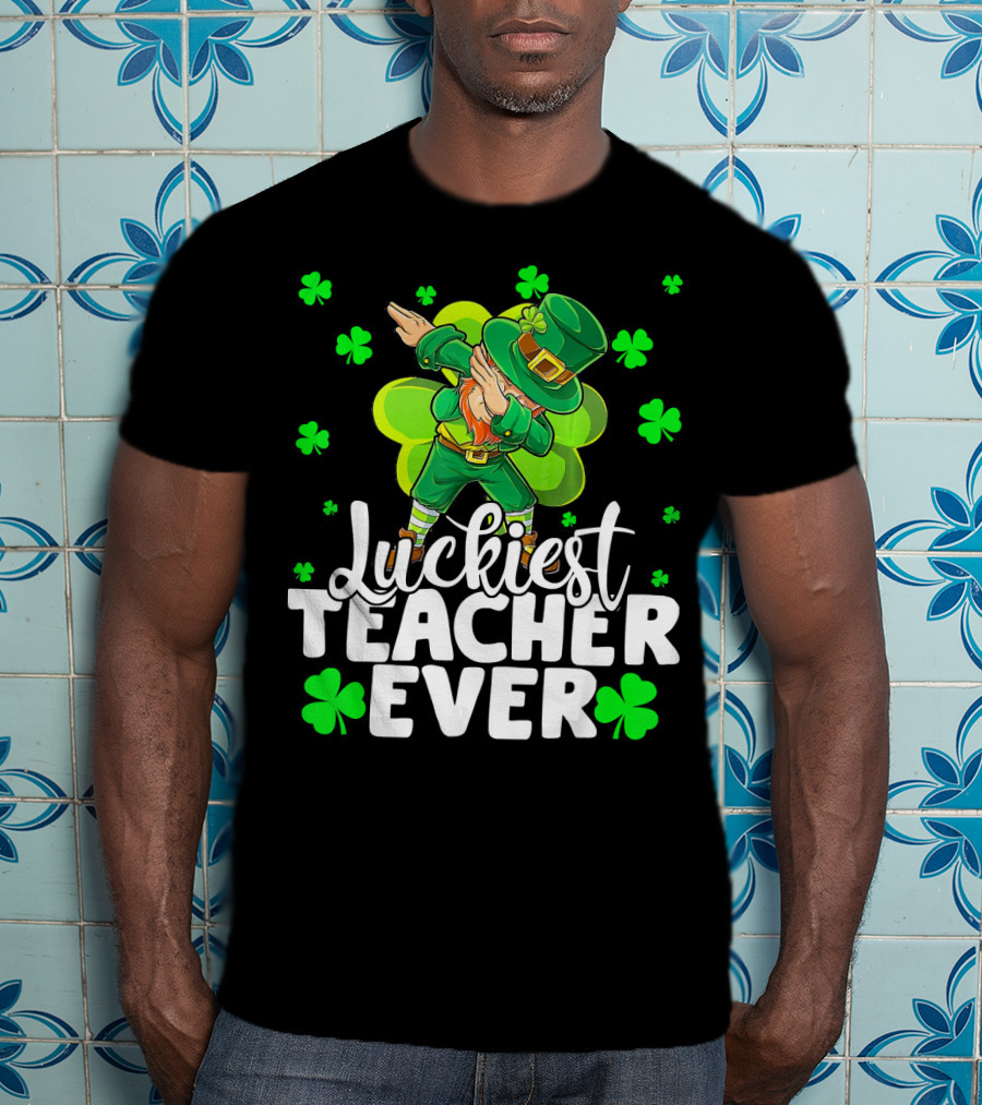 Luckiest Teacher Ever Leprechaun Dabbing With Shamrocks T-Shirt
