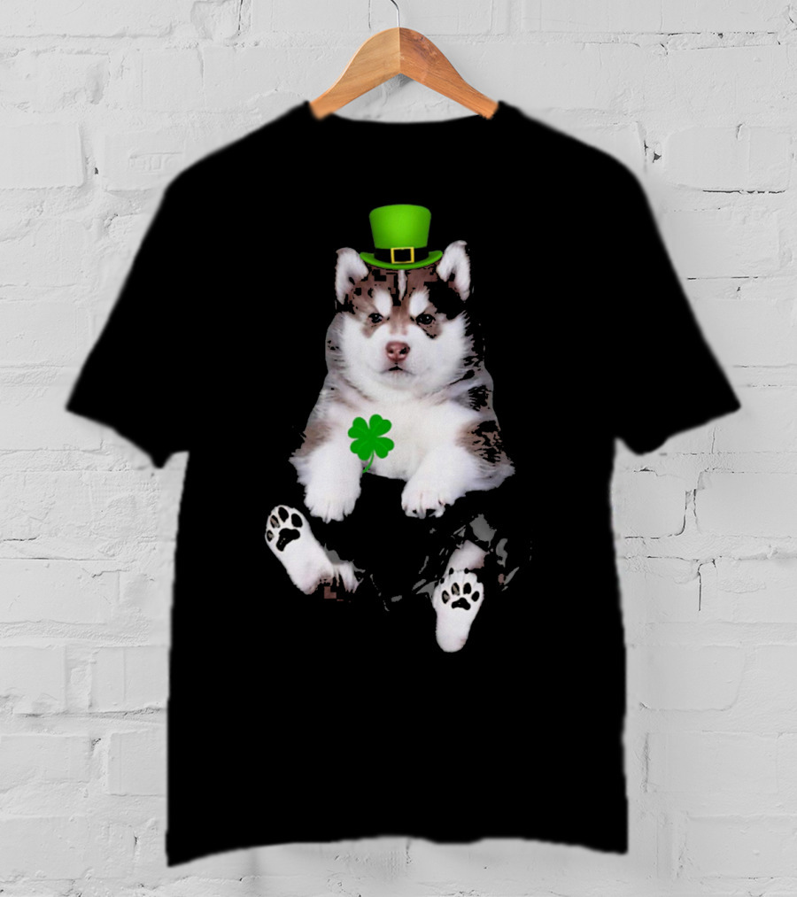 St Patricks Day Husky Puppy Shamrock Hat Paw Prints T-Shirt