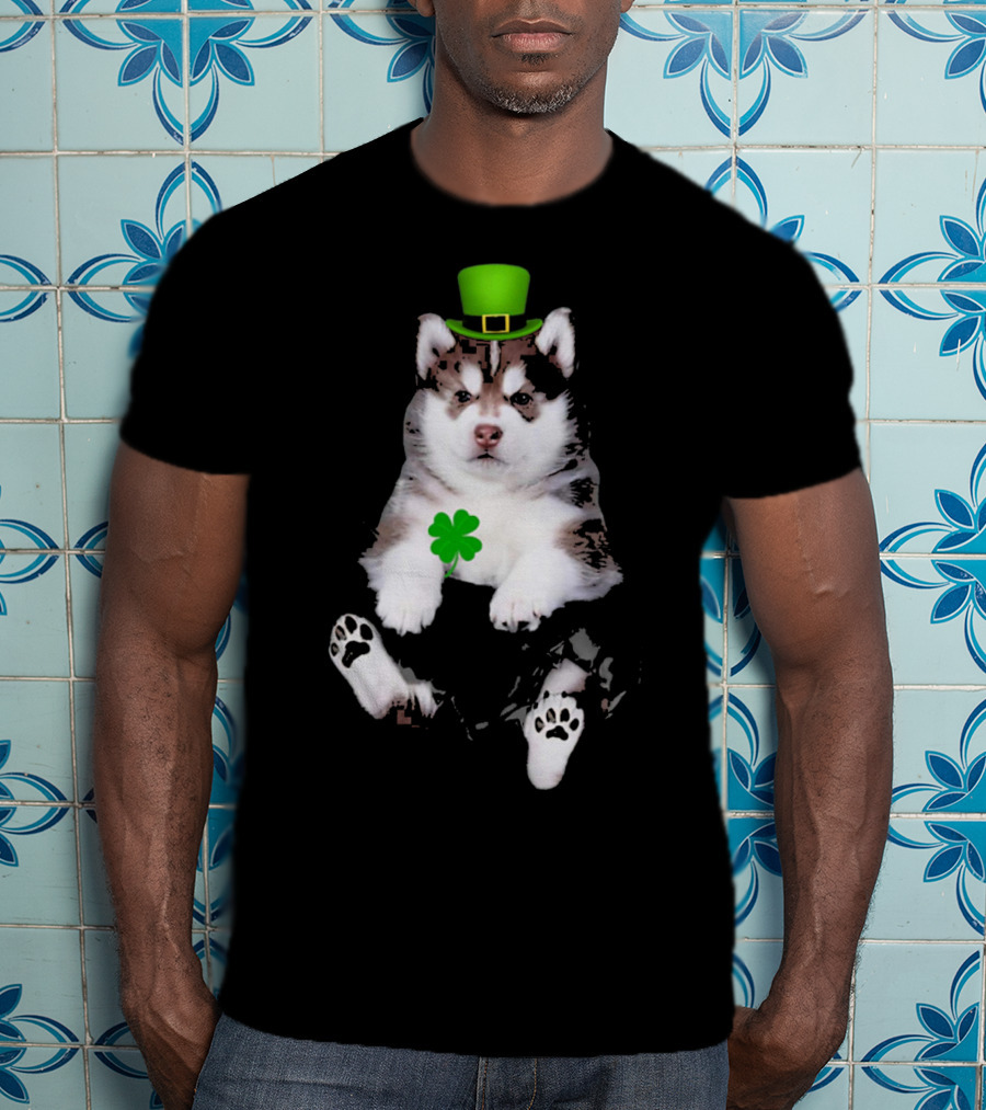 St Patricks Day Husky Puppy Shamrock Hat Paw Prints T-Shirt