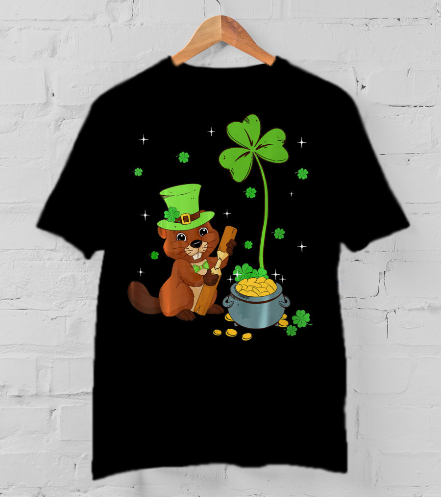 Shamrock-Leprechaun Beaver With Pot Of Gold And Clover For St Patricks T-Shirt