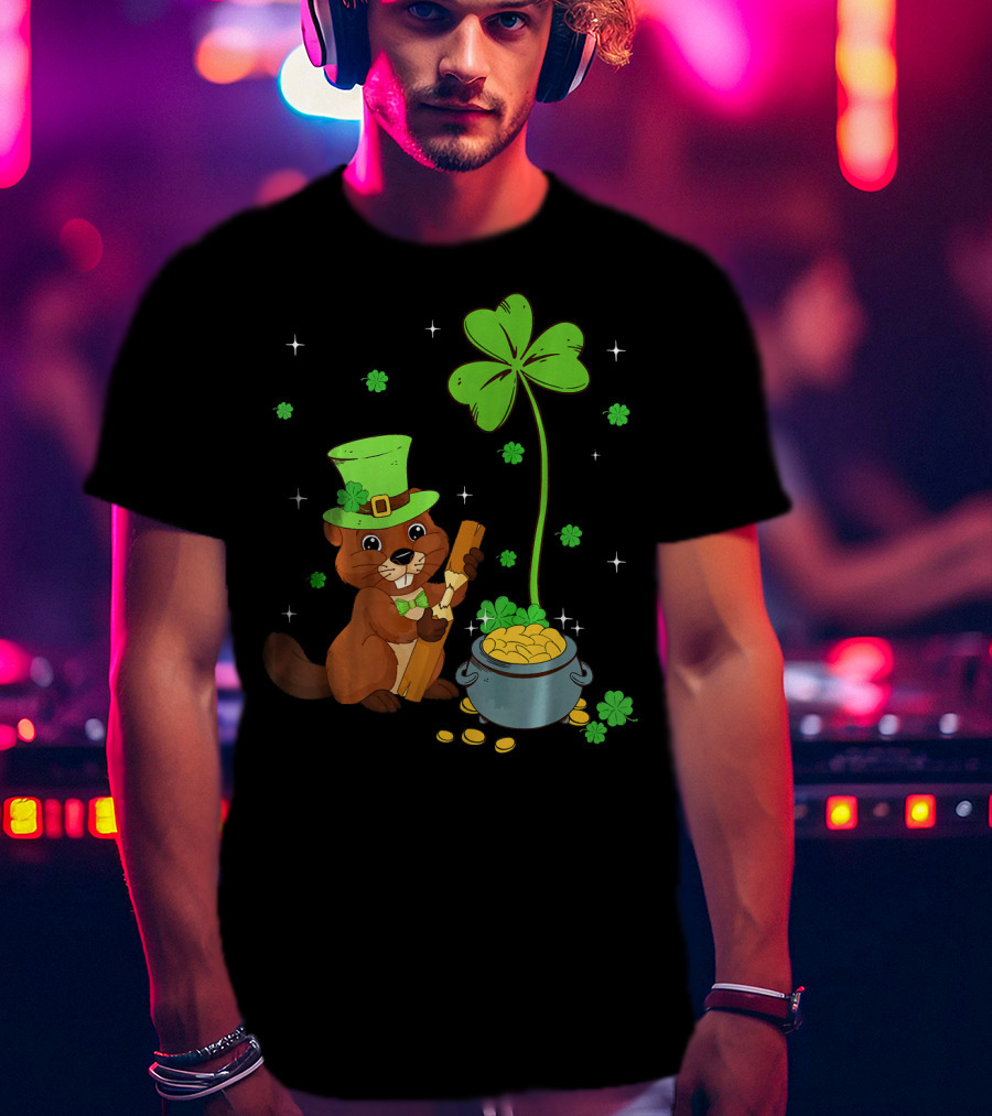 Shamrock-Leprechaun Beaver With Pot Of Gold And Clover For St Patricks T-Shirt