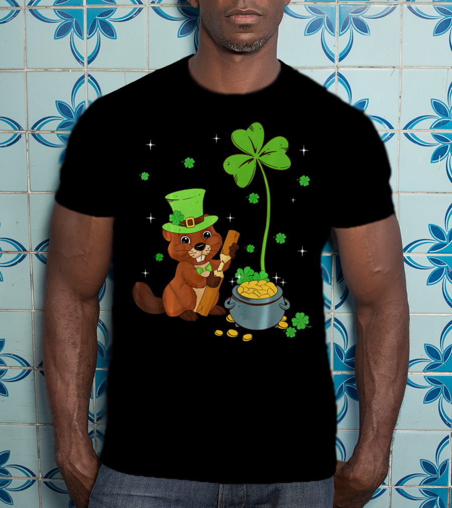 Shamrock-Leprechaun Beaver With Pot Of Gold And Clover For St Patricks T-Shirt