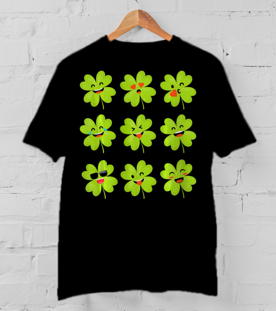 Four Leaf Clover Emojis Funny Saint Patrick's Day Smiley Faces T-Shirt