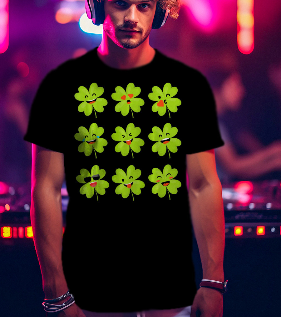 Four Leaf Clover Emojis Funny Saint Patrick's Day Smiley Faces T-Shirt