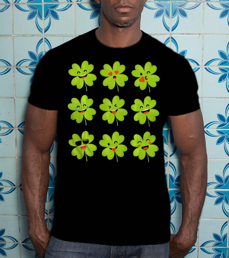 Four Leaf Clover Emojis Funny Saint Patrick's Day Smiley Faces T-Shirt