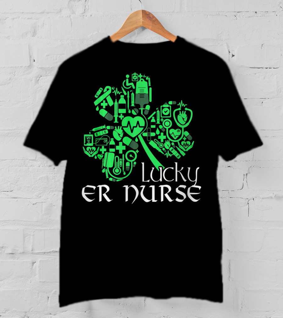St Patricks Day Shamrock Lucky ER Nurse Medical Icons T-Shirt