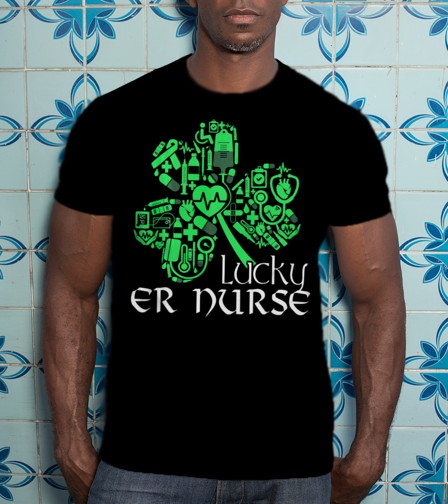 St Patricks Day Shamrock Lucky ER Nurse Medical Icons T-Shirt