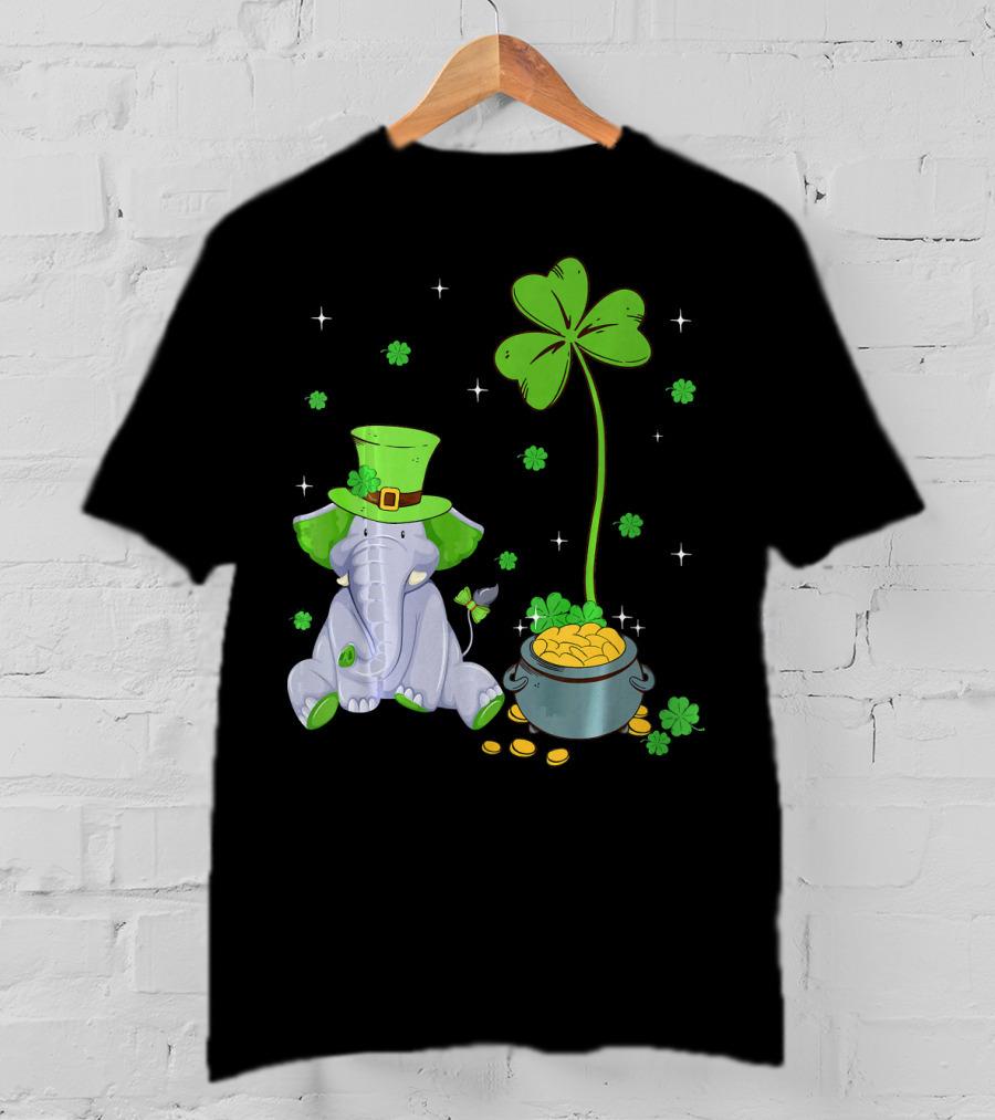 Shamrock Leprechaun Elephant St Patricks Pot Of Gold T-Shirt