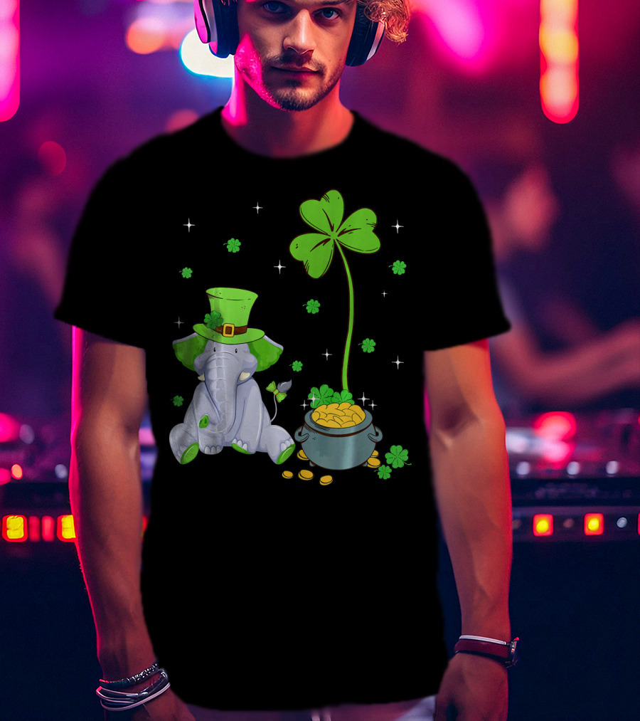 Shamrock Leprechaun Elephant St Patricks Pot Of Gold T-Shirt