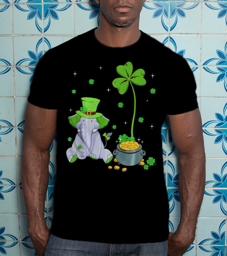 Shamrock Leprechaun Elephant St Patricks Pot Of Gold T-Shirt