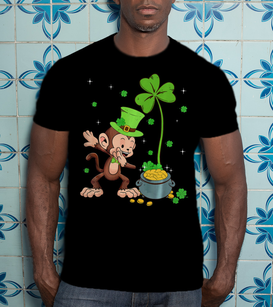 Shamrock Leprechaun Monkey With Pot Of Gold St Patricks T-Shirt