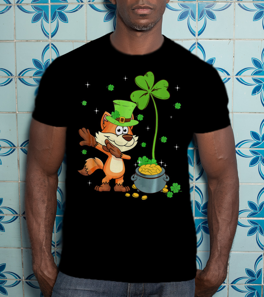Shamrock Leprechaun Fox With Clover And Pot Of Gold T-Shirt