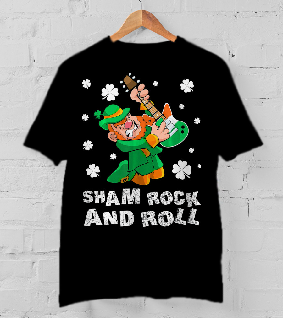 Sham Rock And Roll Leprechaun Playing Guitarist St Patricks Clover T-Shirt