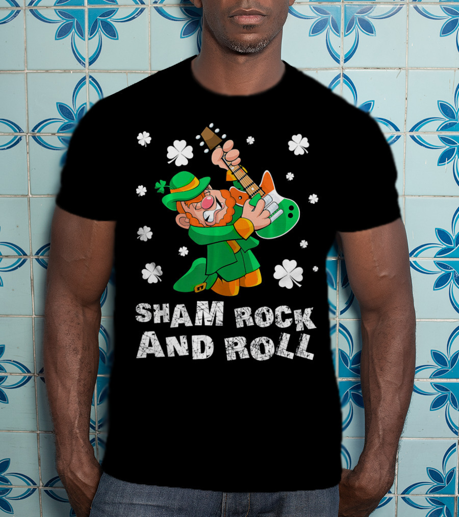 Sham Rock And Roll Leprechaun Playing Guitarist St Patricks Clover T-Shirt