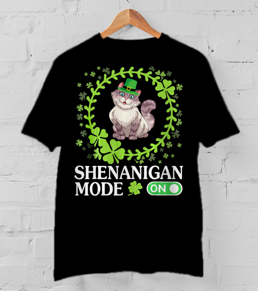 Shenanigan Mode On With Leprechaun Cat In Shamrocks Circle T-Shirt
