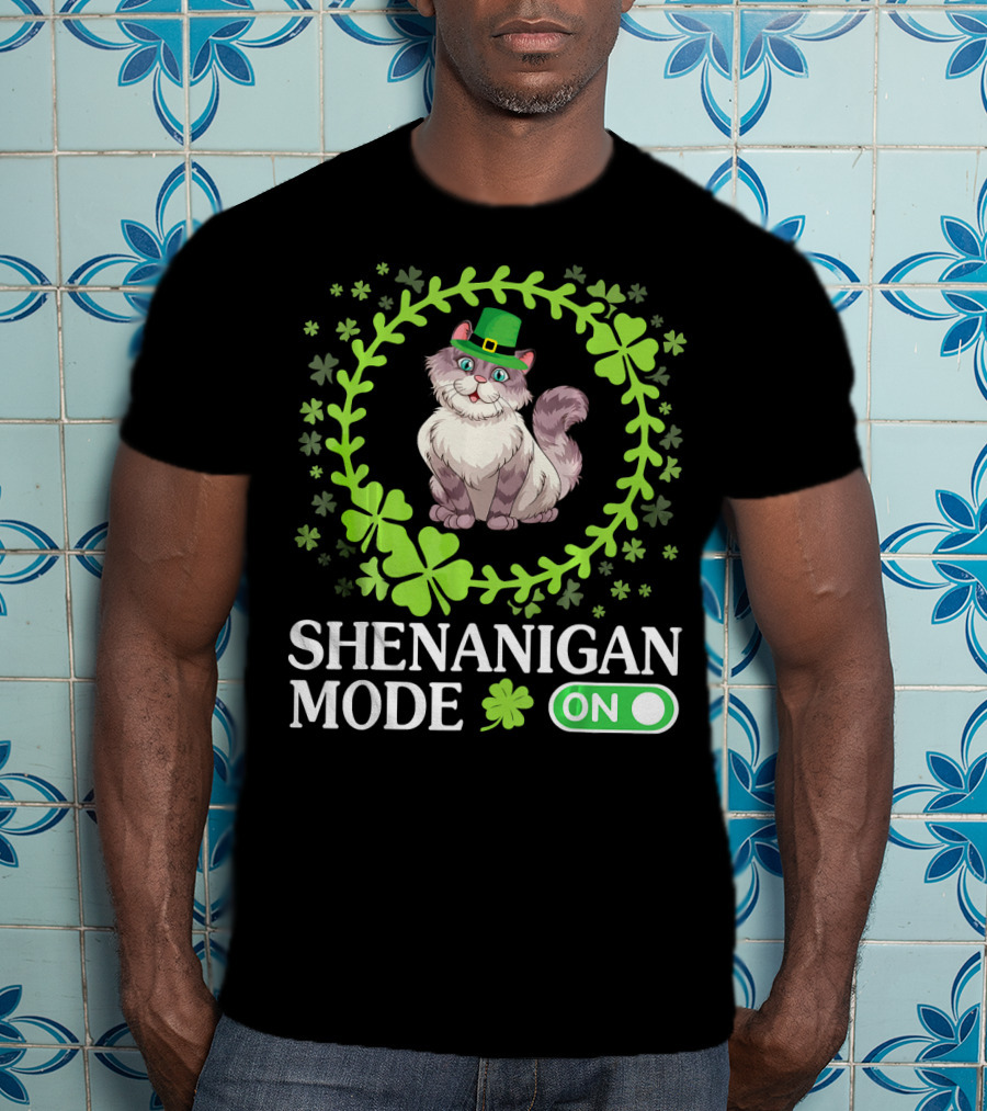 Shenanigan Mode On With Leprechaun Cat In Shamrocks Circle T-Shirt