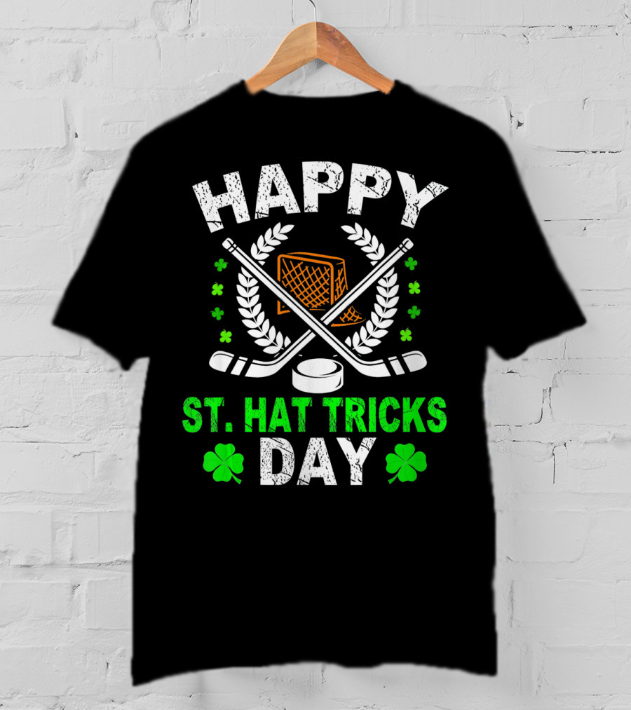 Happy St. Hat Tricks Day Hockey St. Patrick's Day Shamrocks And Sticks T-Shirt