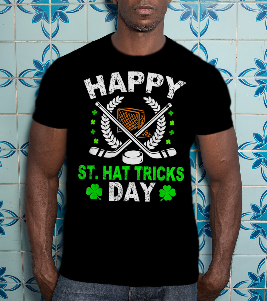 Happy St. Hat Tricks Day Hockey St. Patrick's Day Shamrocks And Sticks T-Shirt