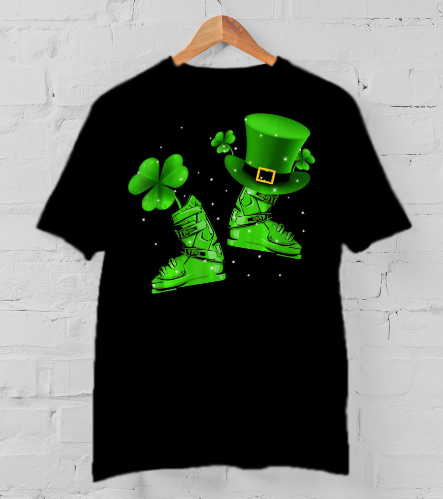 Shamrock Leprechaun Hat With Green Ski Boots T-Shirt