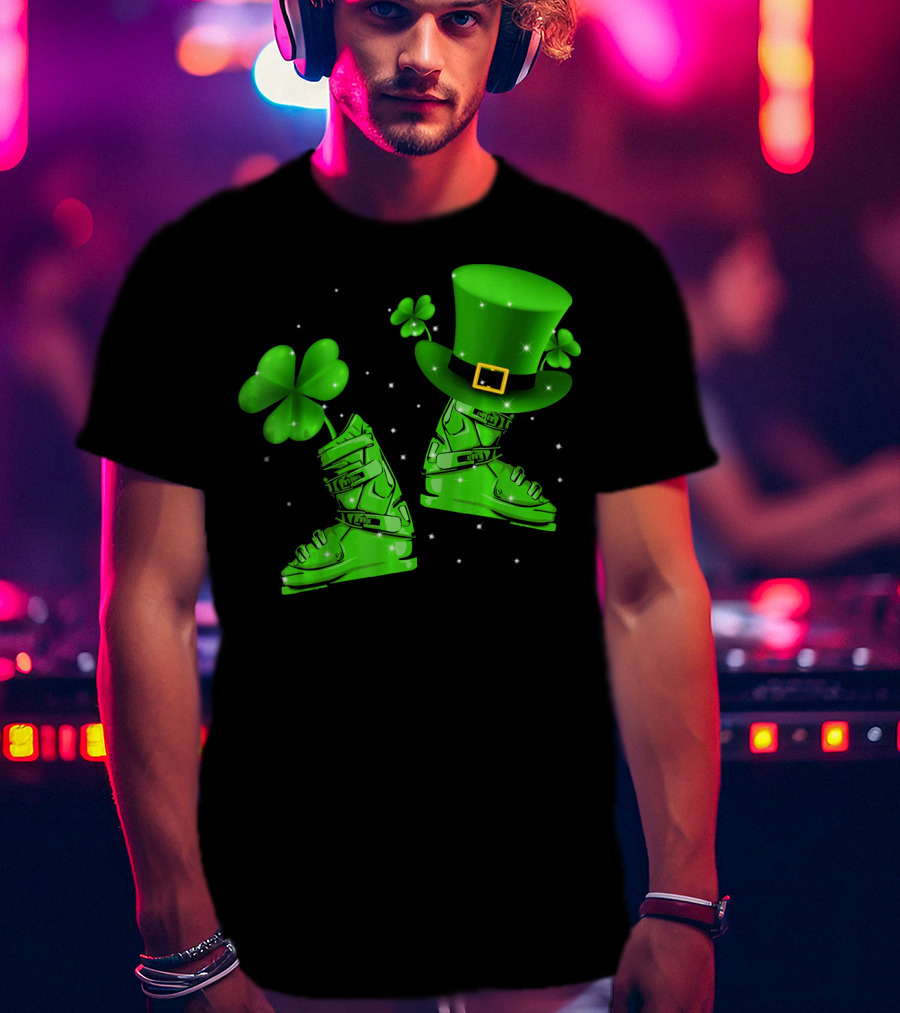 Shamrock Leprechaun Hat With Green Ski Boots T-Shirt