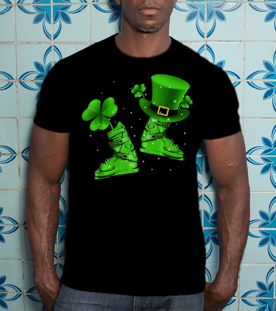 Shamrock Leprechaun Hat With Green Ski Boots T-Shirt