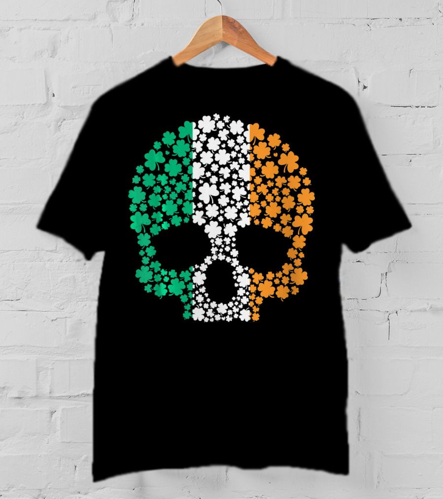 Irish Shamrock Skull With Tricolor Pattern For St. Patrick's Day T-Shirt