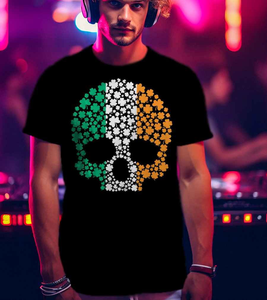 Irish Shamrock Skull With Tricolor Pattern For St. Patrick's Day T-Shirt