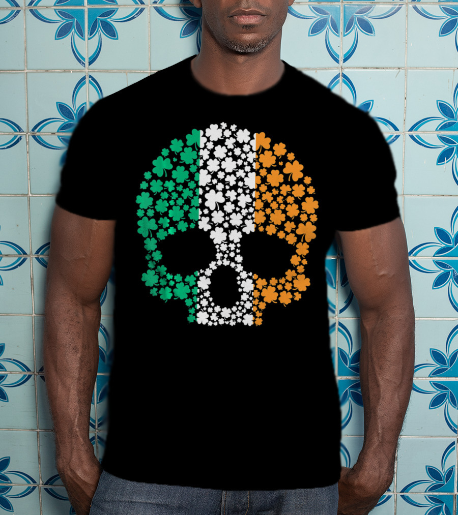 Irish Shamrock Skull With Tricolor Pattern For St. Patrick's Day T-Shirt