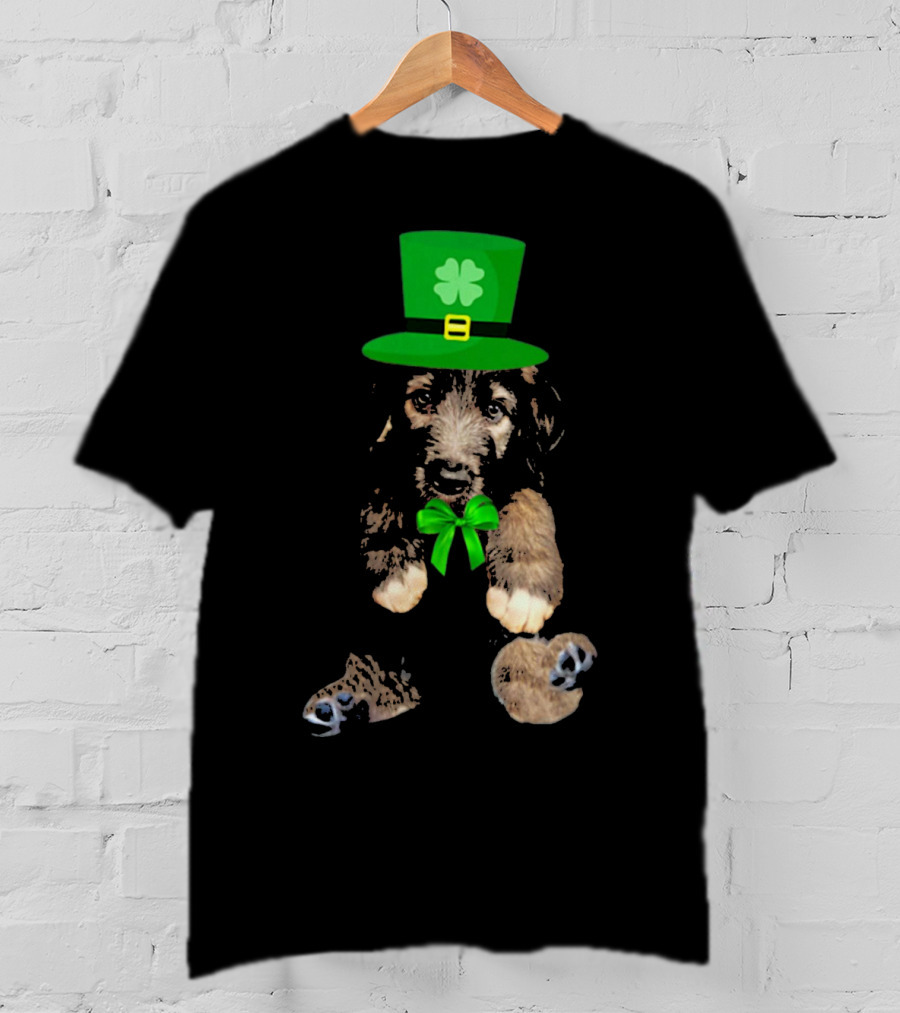 Irish Wolfhound Puppy With Leprechaun Hat And Shamrock Bow For St. Patrick's Day T-Shirt