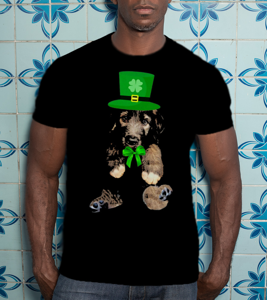 Irish Wolfhound Puppy With Leprechaun Hat And Shamrock Bow For St. Patrick's Day T-Shirt