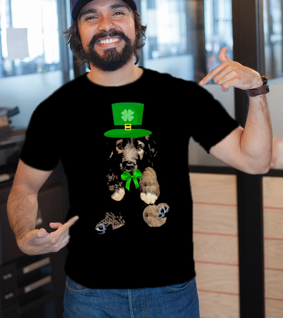 Irish Wolfhound Puppy With Leprechaun Hat And Shamrock Bow For St. Patrick's Day T-Shirt