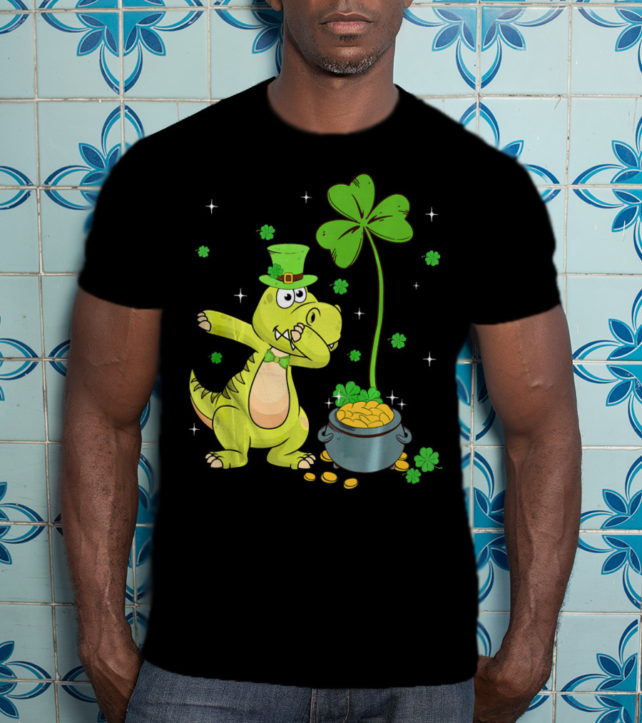 Shamrock Dabbing Dinosaur Leprechaun Gold Pot St Patricks T-Shirt