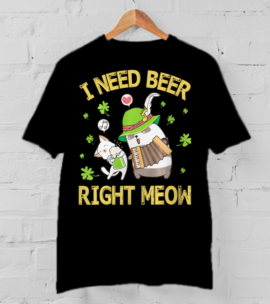 I Need Beer Right Meow Cat And Leprechaun Drinking And Dancing T-Shirt
