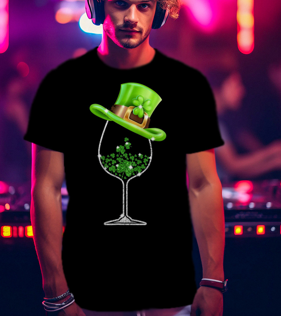 St Patricks Day Shamrock Wine Glass With Leprechaun Hat T-Shirt