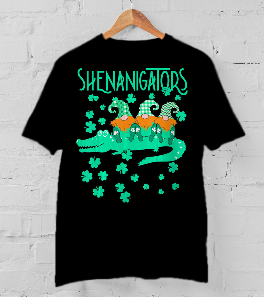 Shenanigators Funny Cute Alligator With Gnomes And Shamrocks T-Shirt