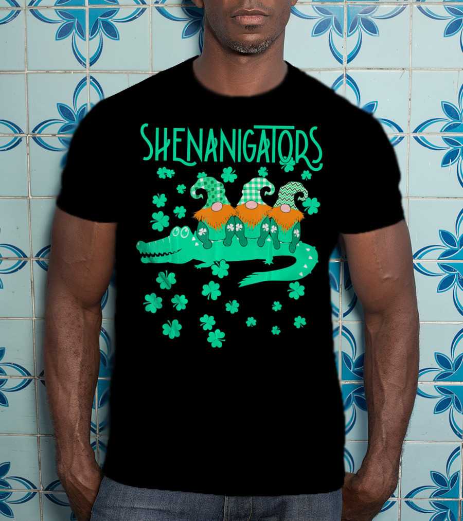 Shenanigators Funny Cute Alligator With Gnomes And Shamrocks T-Shirt