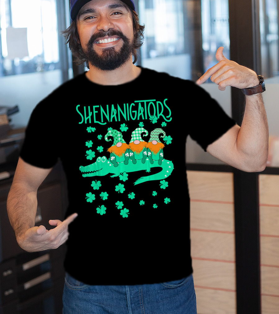 Shenanigators Funny Cute Alligator With Gnomes And Shamrocks T-Shirt