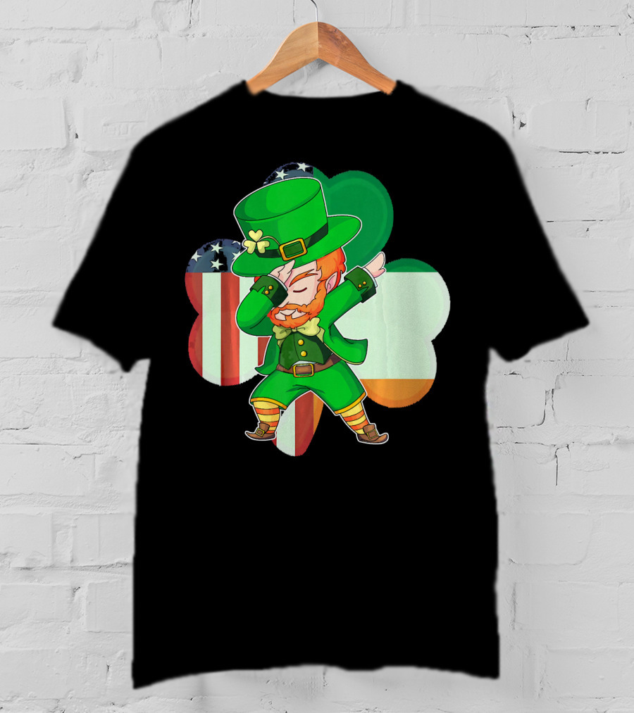 Funny Dabbing Leprechaun Shamrock American Irish Flag T-Shirt