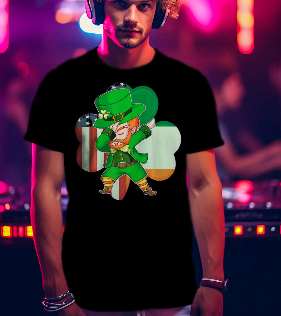 Funny Dabbing Leprechaun Shamrock American Irish Flag T-Shirt
