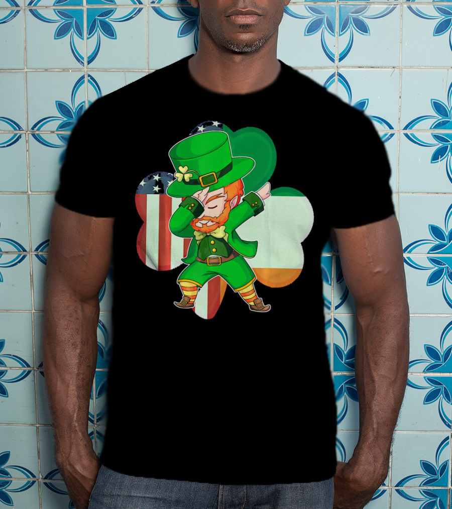 Funny Dabbing Leprechaun Shamrock American Irish Flag T-Shirt
