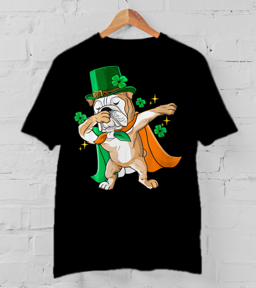 Irish Bulldog Dabbing Leprechaun With Shamrocks T-Shirt