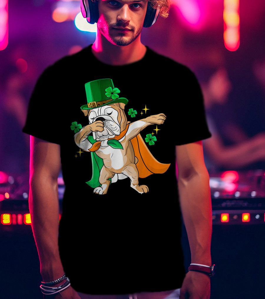 Irish Bulldog Dabbing Leprechaun With Shamrocks T-Shirt