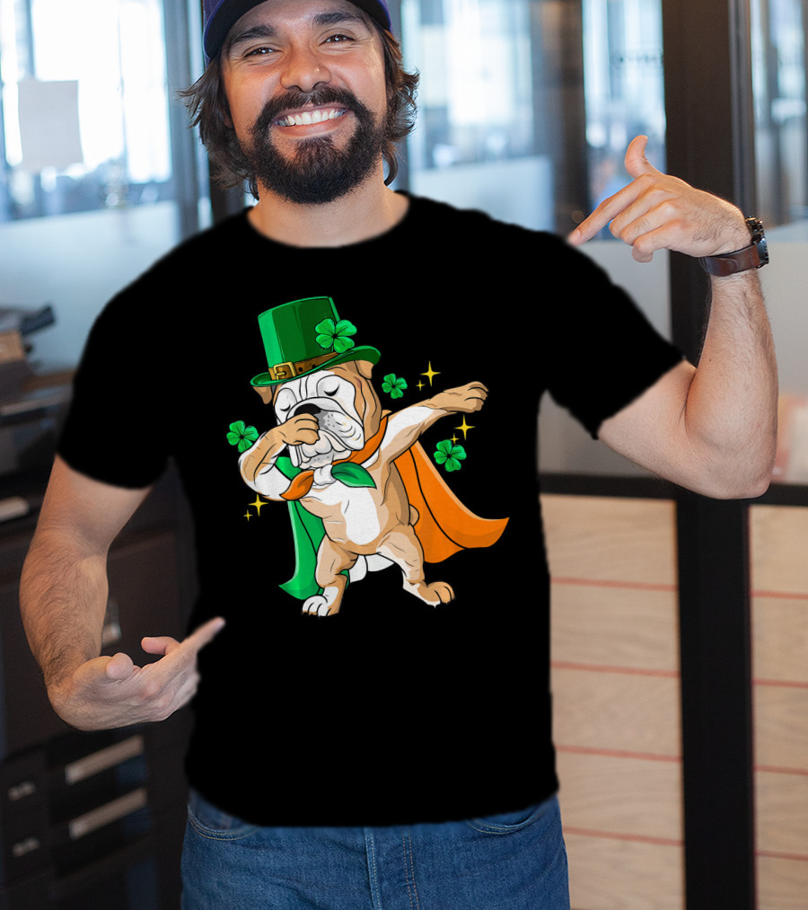 Irish Bulldog Dabbing Leprechaun With Shamrocks T-Shirt