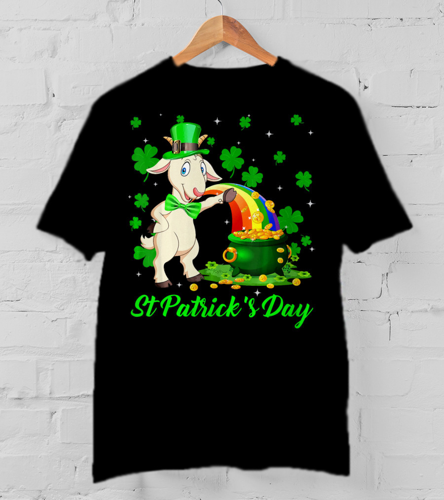 St Patrick's Day Leprechaun Goat Shamrock Rainbow Pot Of Gold T-Shirt