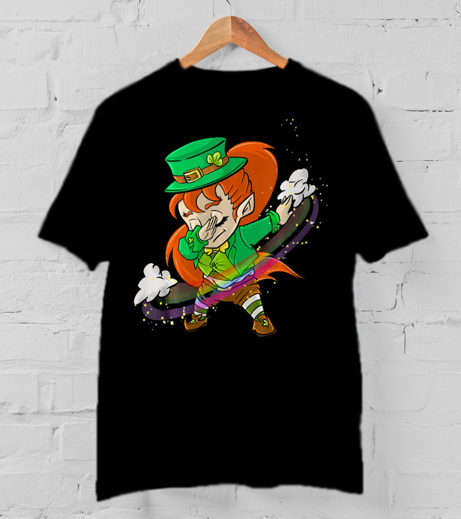 Dabbing Leprechaun Girl With Green Hat And Rainbow Magic T-Shirt