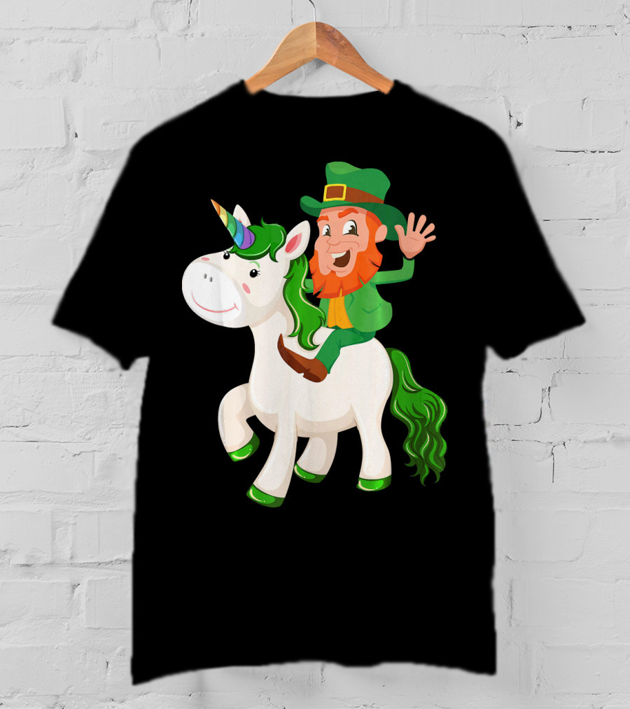 Unicorn Leprechaun Celebration Characters Green Hat And Red Beard Riding Playful Creature T-Shirt