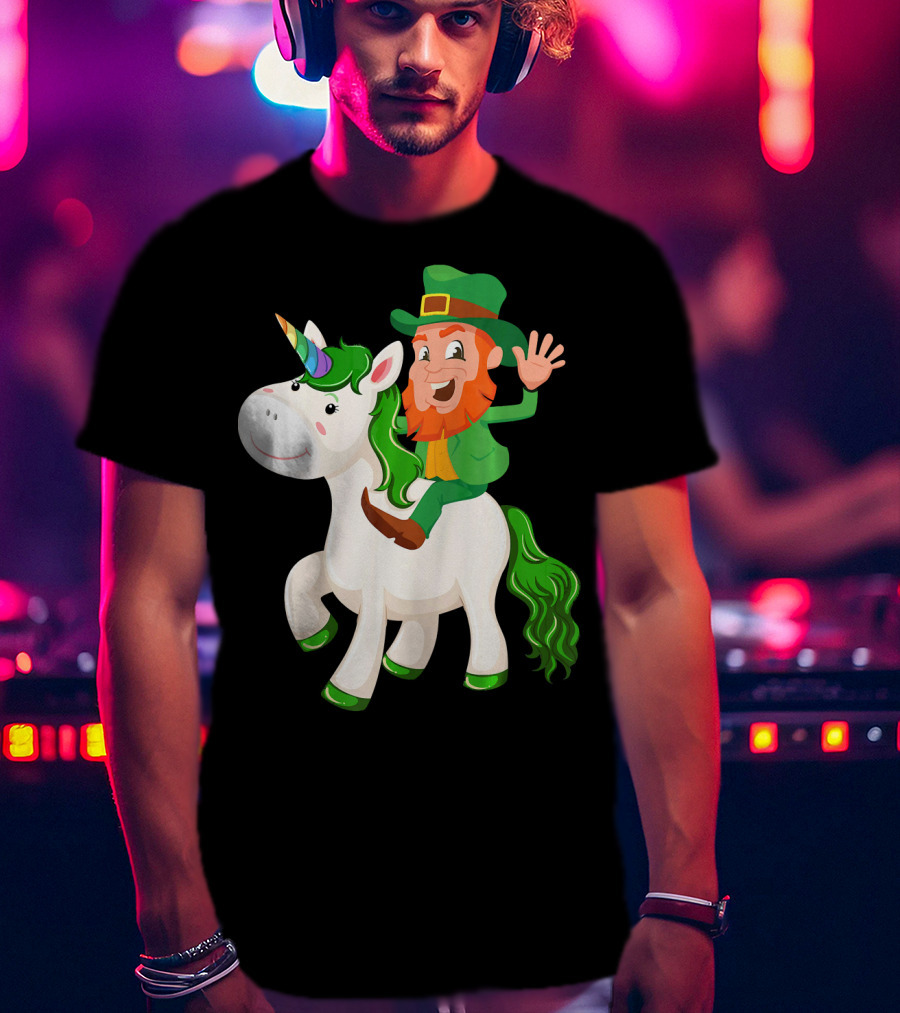 Unicorn Leprechaun Celebration Characters Green Hat And Red Beard Riding Playful Creature T-Shirt