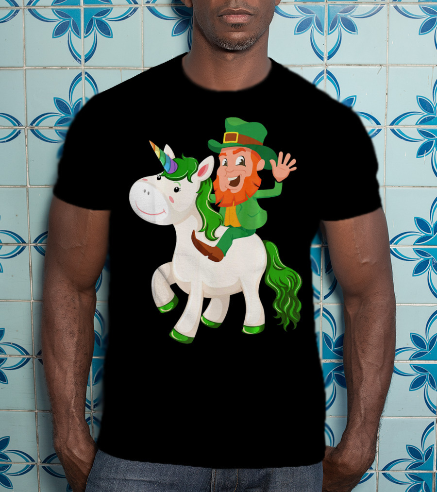 Unicorn Leprechaun Celebration Characters Green Hat And Red Beard Riding Playful Creature T-Shirt